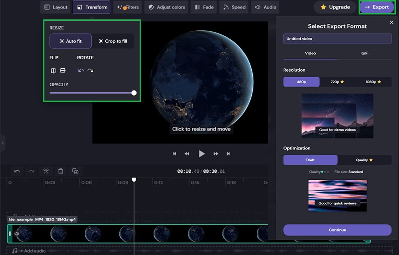 Clipchamp 動画の回転と書き出し
