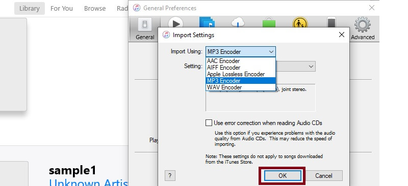 iTunes 設定を変更 AIFFからMP3へ