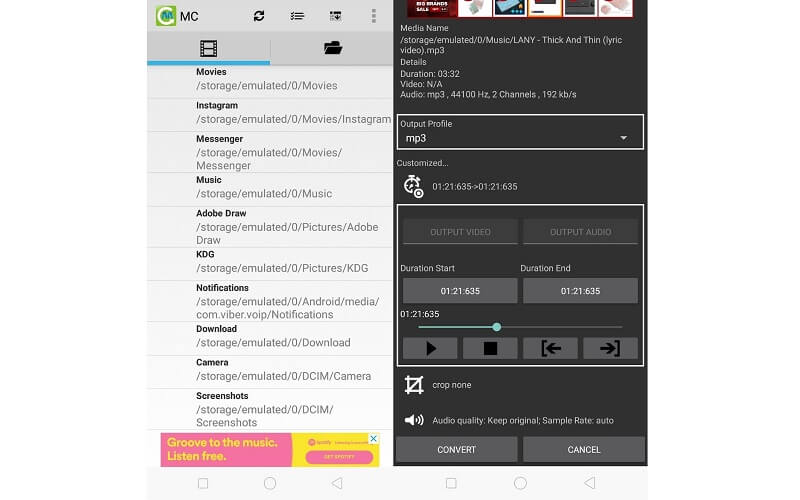 Media Converter Android のインターフェースで MP3 ファイルをトリミング