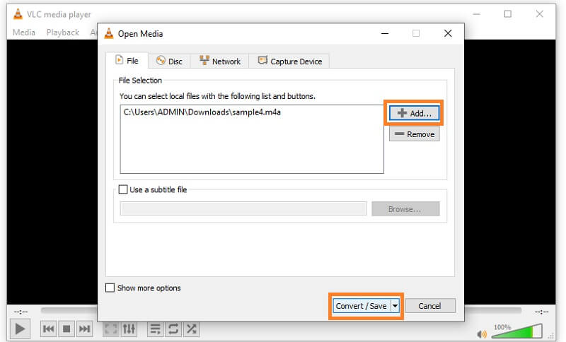 VLC M4A ファイルを追加 M4A から WAV へ