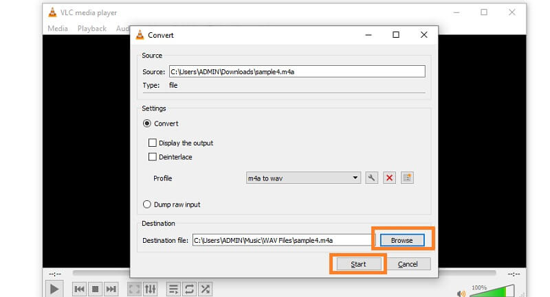 VLC 変換開始を選択 M4A から WAV へ