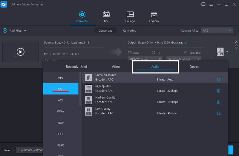 Vidmore AACを選択