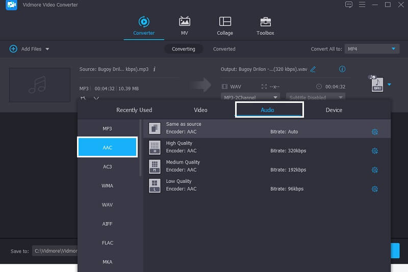 Vidmore AAC 形式を選択