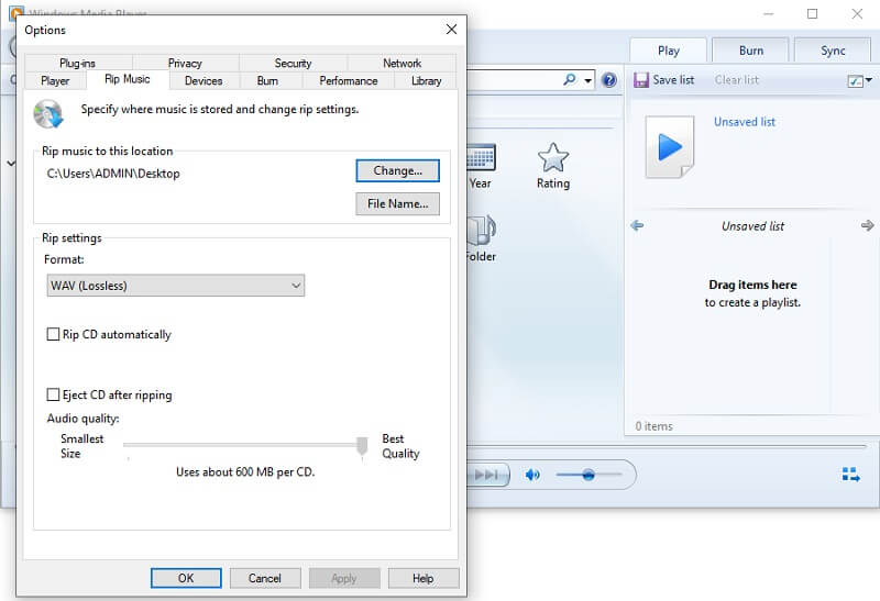Windows Media Player インターフェース 音声→WAV