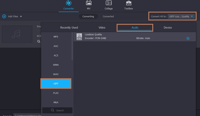 Vidmore AIFF形式を選択