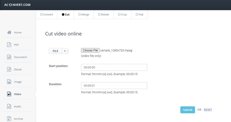Aconvert トリミングインターフェース