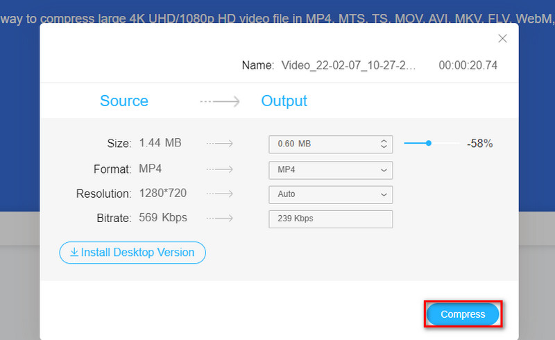 「圧縮」をクリック（Vidmore）