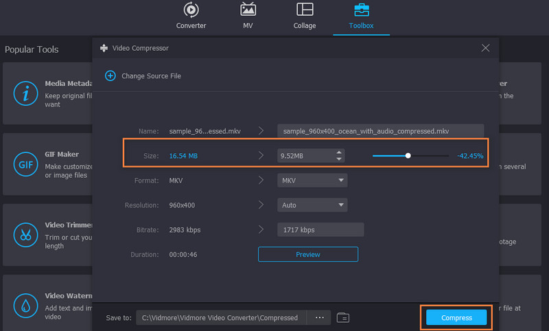 「圧縮開始」ボタン