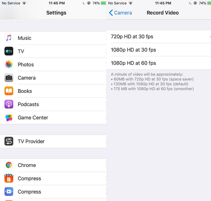 ビデオ設定で圧縮する