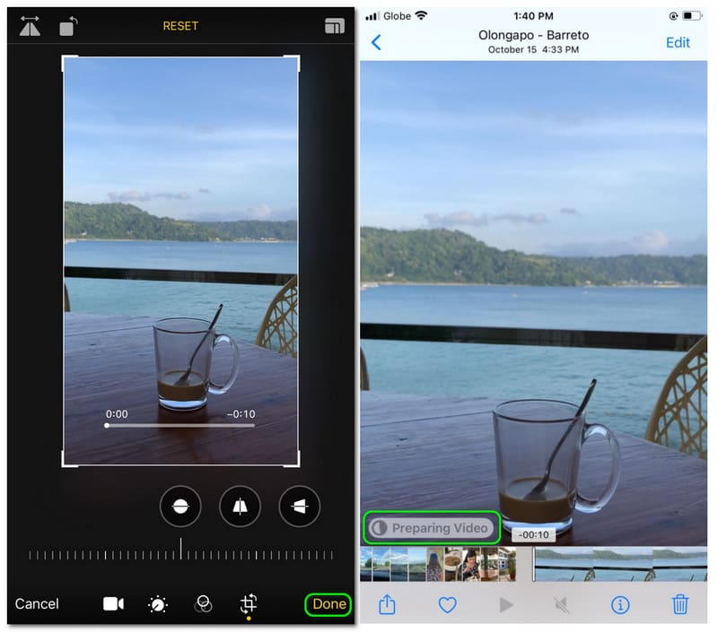 iPhoneで動画をクロップ 完了ボタン