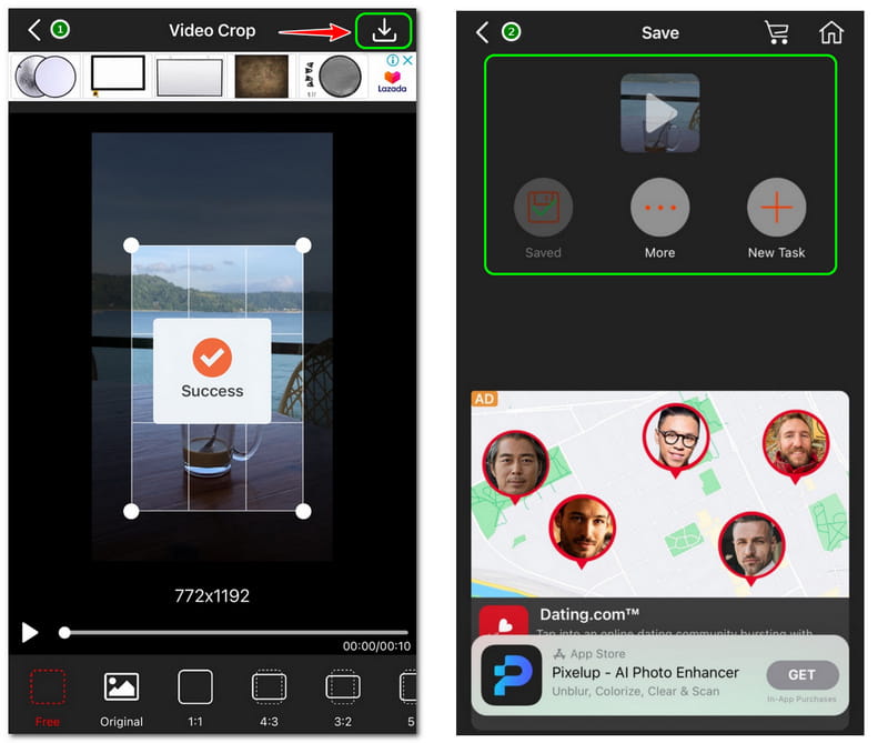 iPhoneで動画をクロップ 保存ボタン