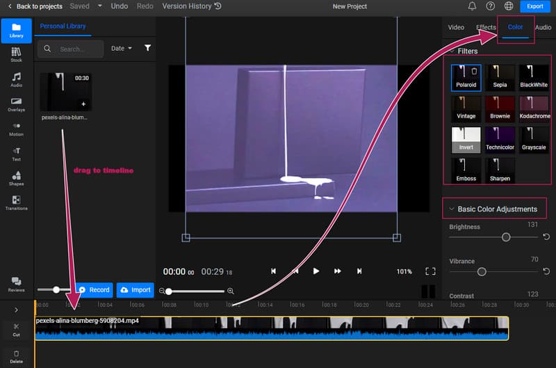 Flixier フィルターとカラーを調整