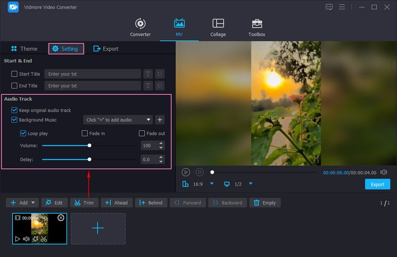 設定オプションをクリックしてオーディオトラックに進む