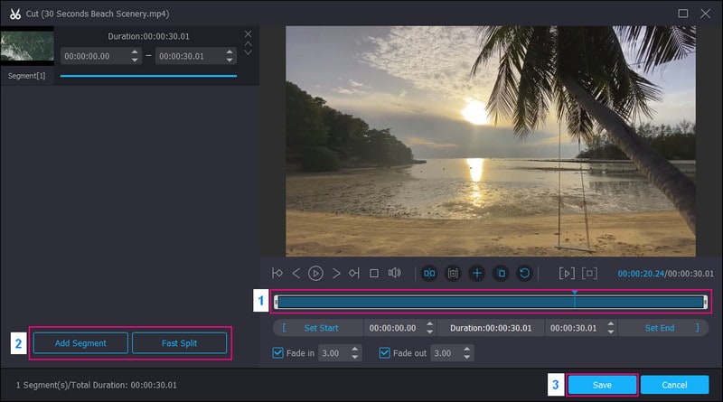 タイムラインからトリミングし、「Add Segment」と「Fast Split」を活用