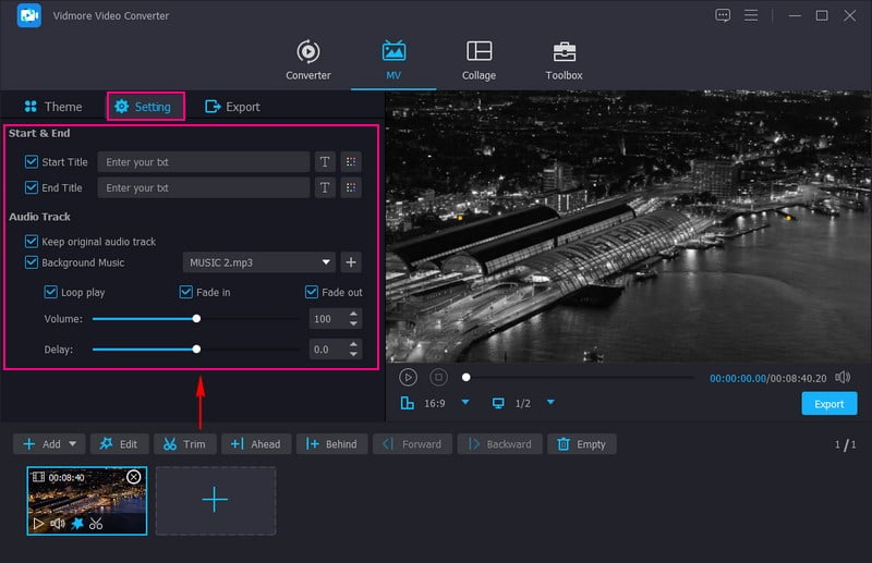 開始タイトルと終了タイトル、バックグラウンドミュージックにチェックを入れる