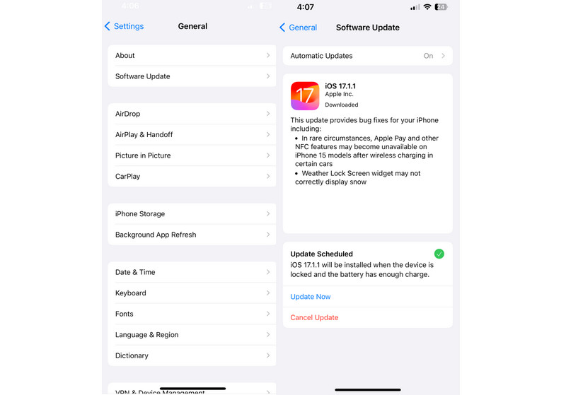 スマホでのシステムアップデート確認