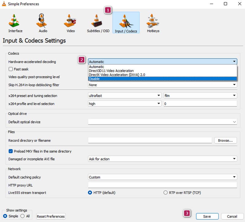 VLC ハードウェアアクセラレーション無効化