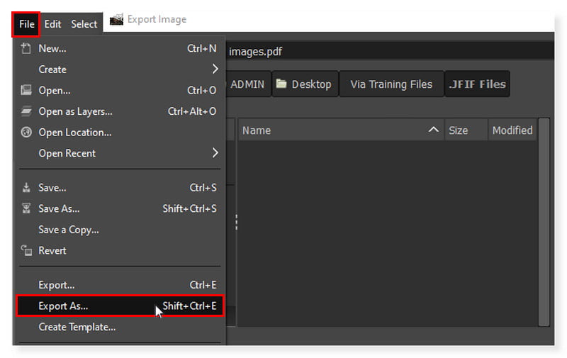 GIMP で出力形式を選択