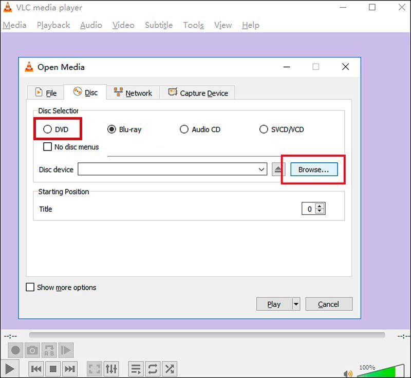 VLC ノート PC での DVD 再生