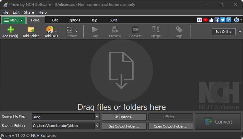 MP4 から MPG へ Prism Video Converter インターフェース