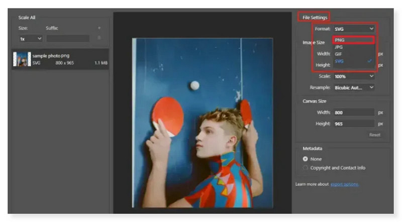 Photoshop 出力形式を選択