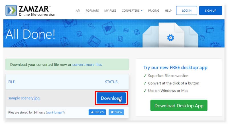 Zamzar 新しいファイルをダウンロード