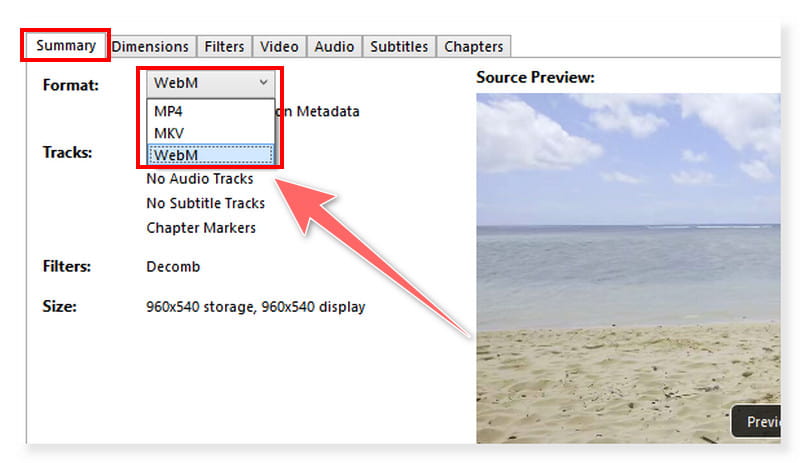 HandBrakeでWEBM出力形式を選択