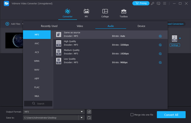 MP3オーディオ形式を選択