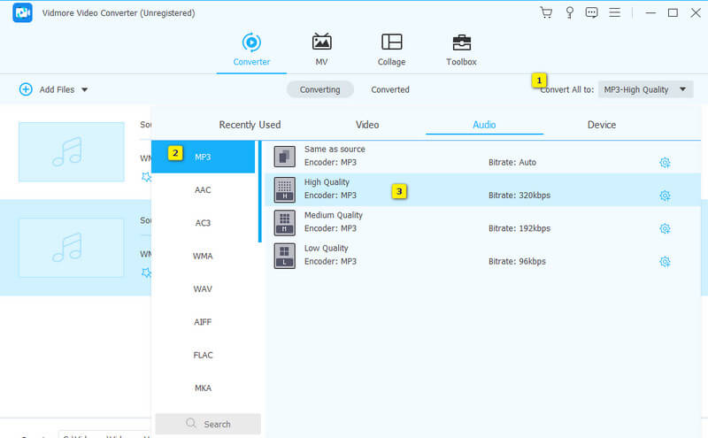 WMA を MP3 に変換 Vidmore 設定