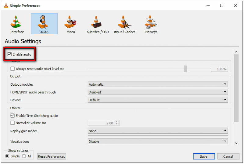 VLC 内のオーディオを有効にする