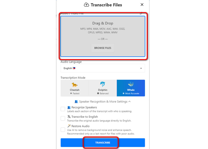 ファイル追加・文字起こしボタン