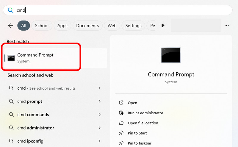 検索バーで cmd と入力