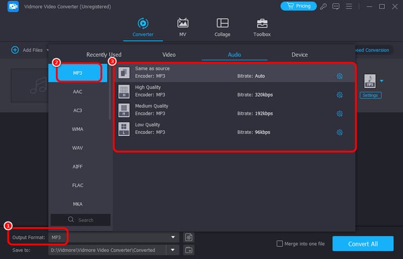 出力形式でMP3を選択（Vidmore）
