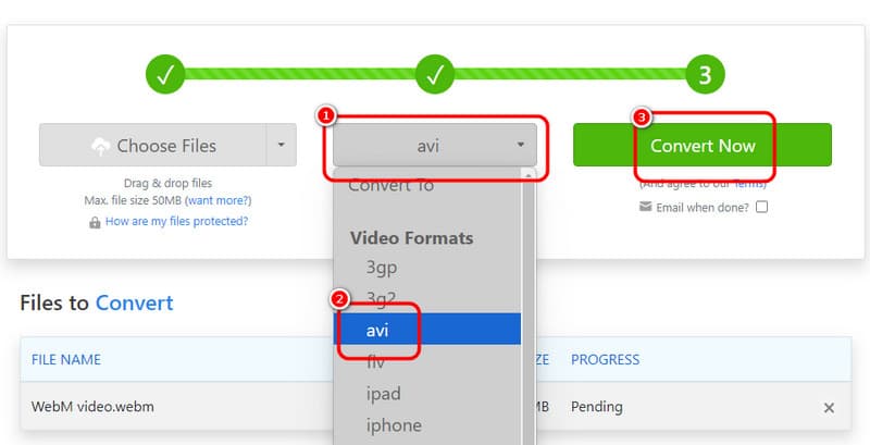 Avi を選択して Convert Now（Zamzar）