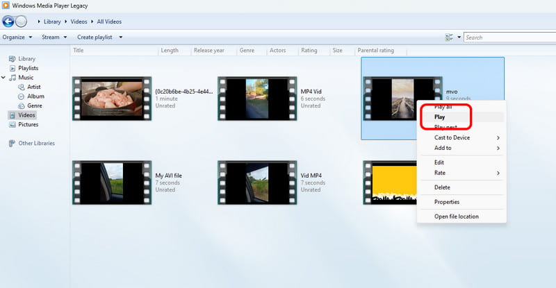「開く」を選択 Windows Media Player