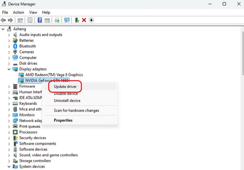 ディスプレイアダプターのドライバー更新ボタン