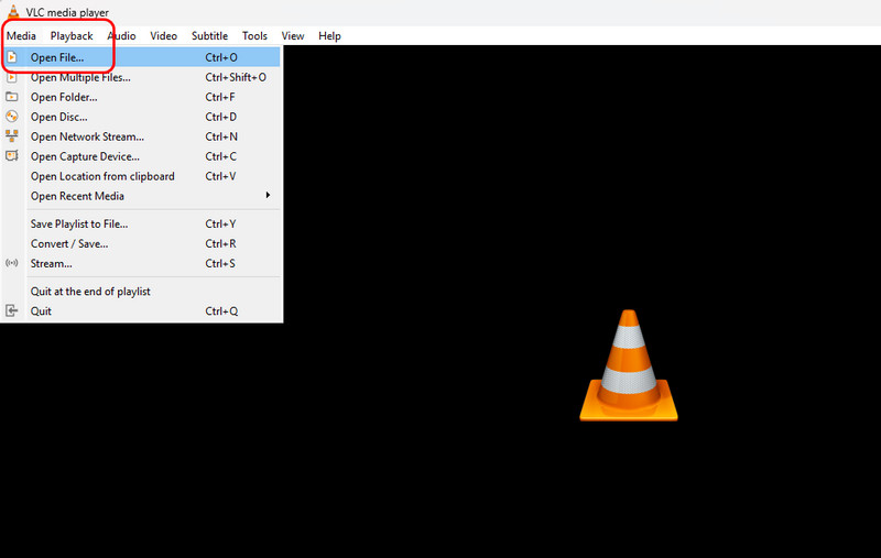 VLC の「メディア」ボタンをクリック