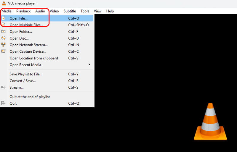 VLC で「メディア」>「ファイルを開く」で動画を開く