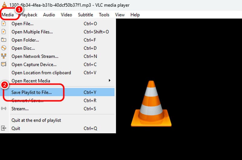 VLC メディア メニューから「プレイリストをファイルに保存」