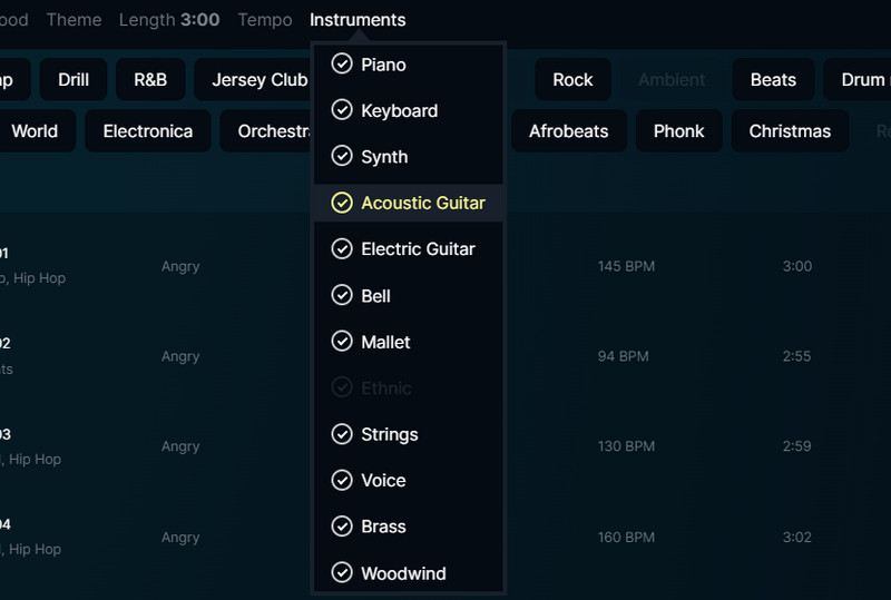 ジャンル・楽器指定機能