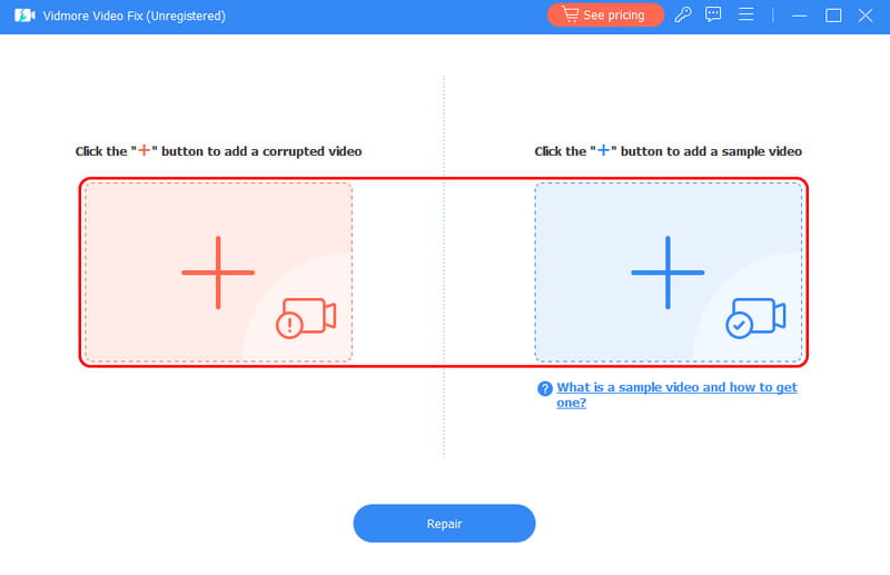 Vidmoreで赤と青のプラスボタンから動画を挿入する