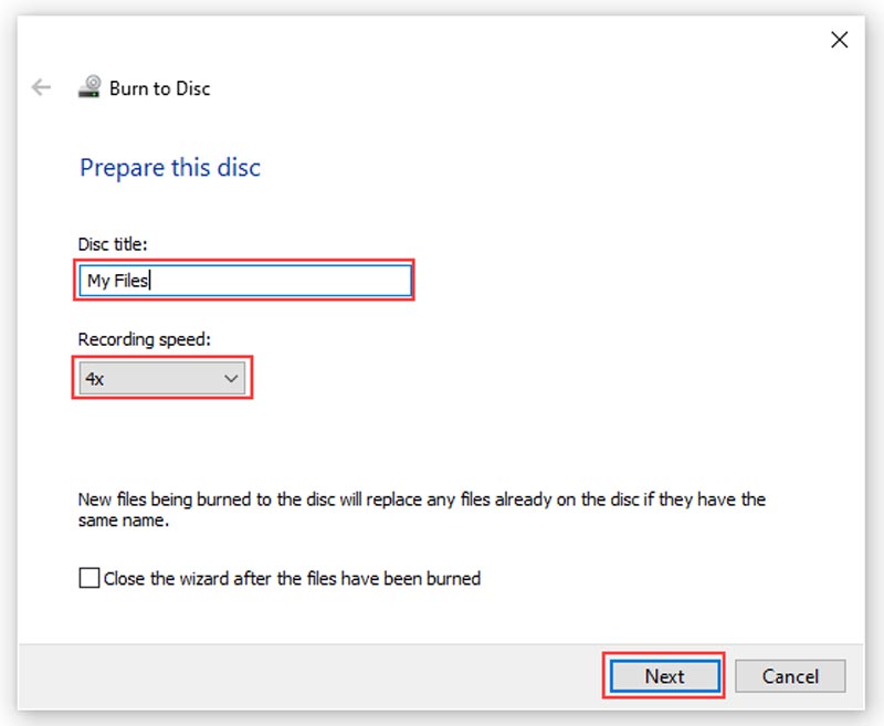 ディスクに書き込む