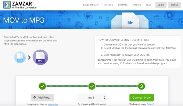 MOVをMP3に変換 Zamzar