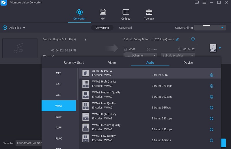 VidmoreはWMAフォーマットを選択します